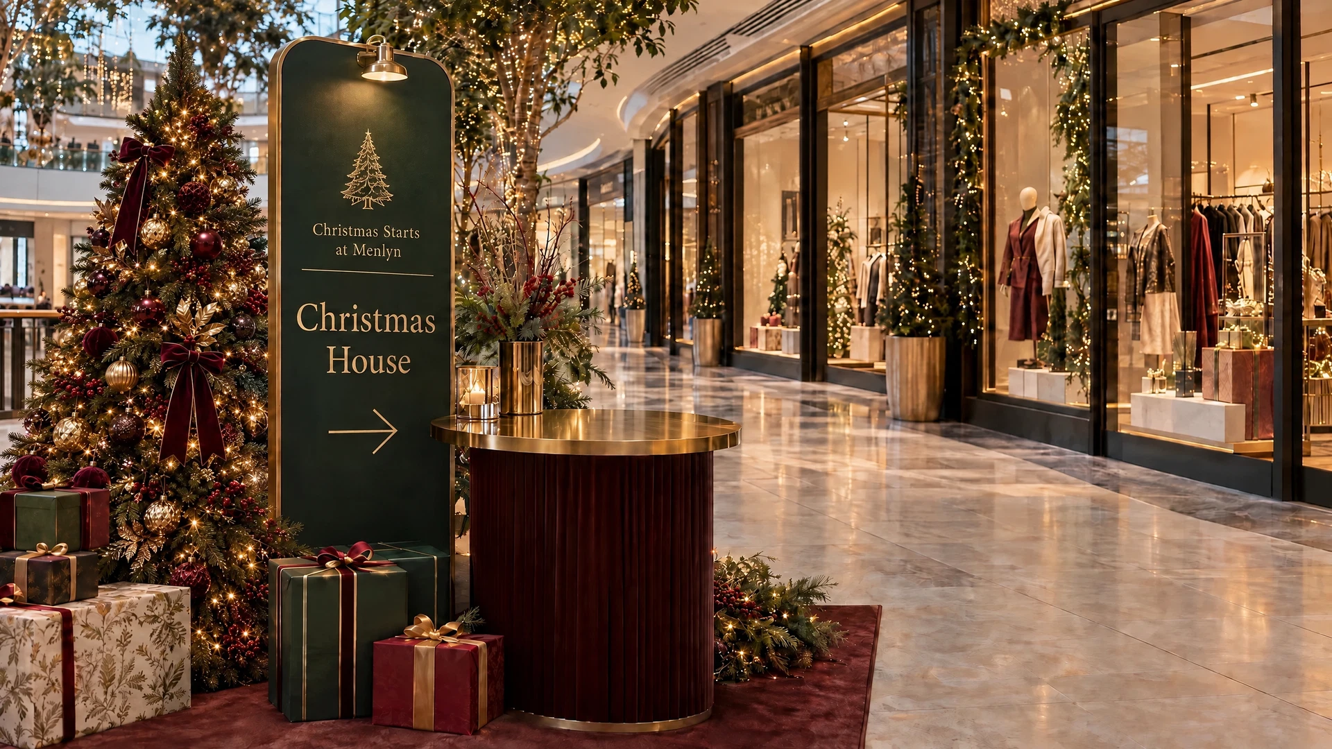 Menlyn Christmas tree and direct Christmas House wayfinding sign