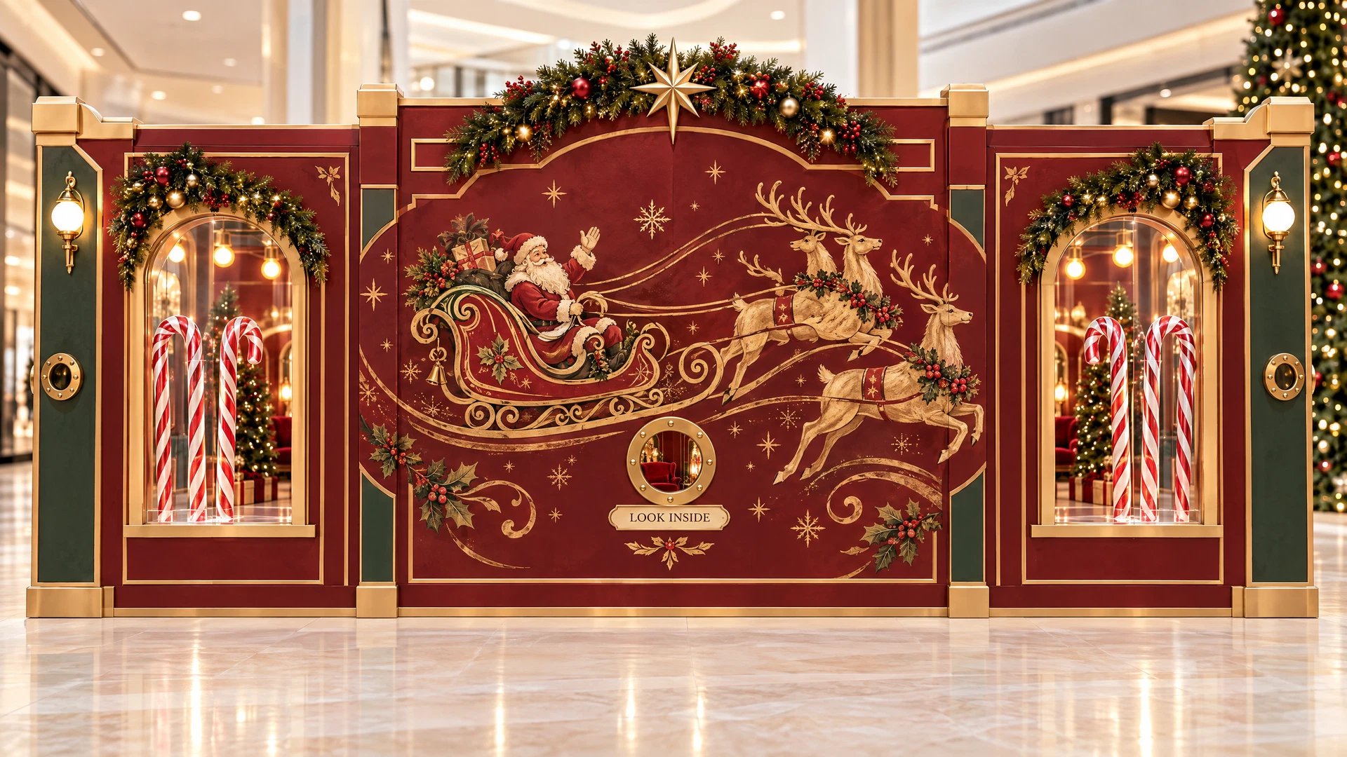 Exterior Santa’s Sleigh wall with candy-cane viewing windows